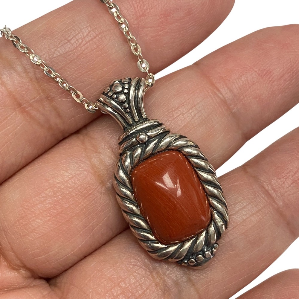 Sterling Silver Red Stone Necklace 925 Italy Rope Trim Pendant
